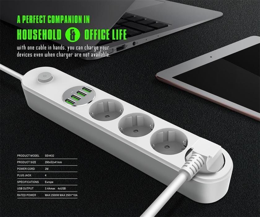 Мережевий фільтр подовжувач USB-виходів 4x220V і 4xUSB довжина 2 м. LDNIO SE4432 – фото 7