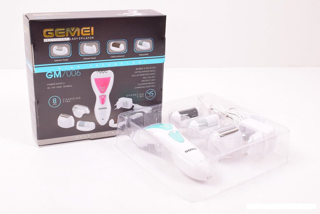 Епілятор Gemei GM 7006 (4 в 1) з акумулятором — бритва з подвійним лезом, 2 насадки епілятора, насадка-пемза – фото 2