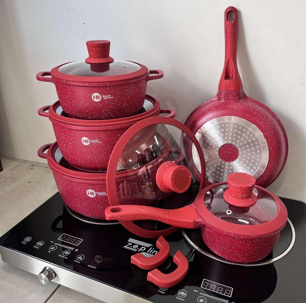 Набір каструль із гранітним антипригарним покриттям Higher Kitchen НК-316  з 12 предметів Червоний – фото 1
