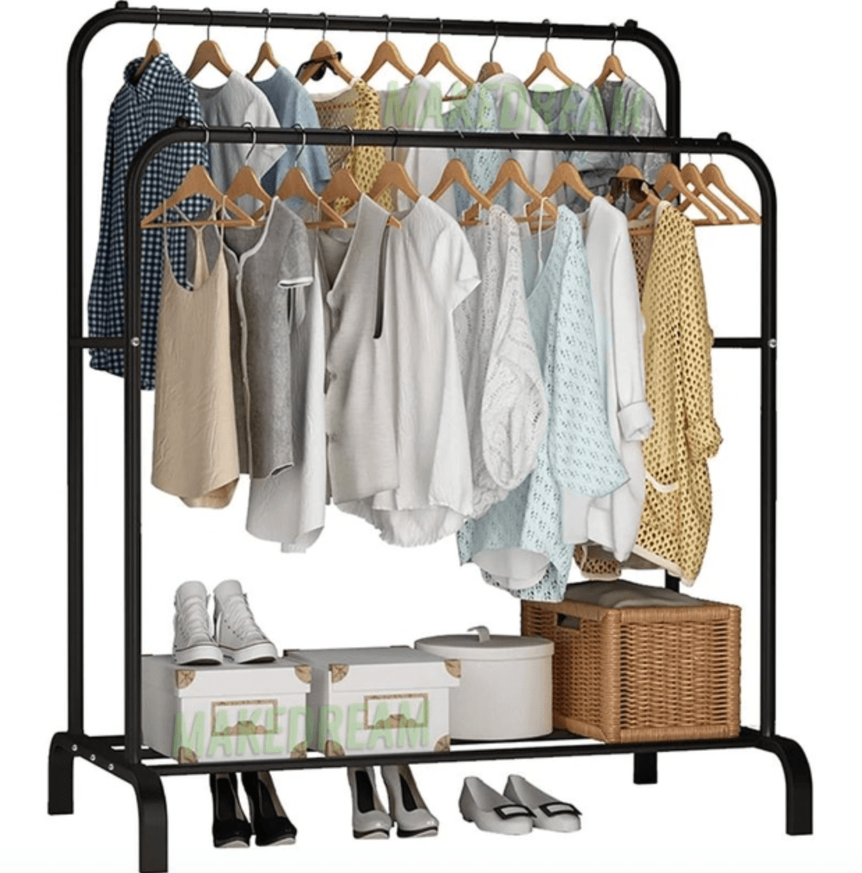 Подвійна стійка вішалка для одягу та взуття Loft Rack підлогова сталева з полицею Black – фото 1