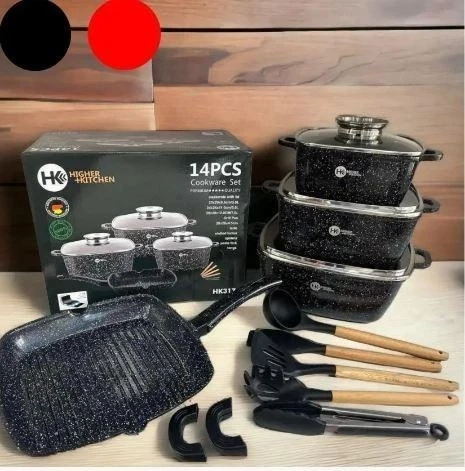 Набір квадратного посуду з гранітним антипригарним покриттям 14 предметів Higher Kitchen HK-317 Чорний – фото 1