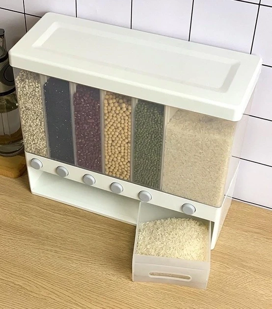 ОРГАЙЗЕР для сипких продуктів Assorted Grain Rice Bucket Диспенсер, з кнопкою дозатором для круп 6 секцій – фото 3