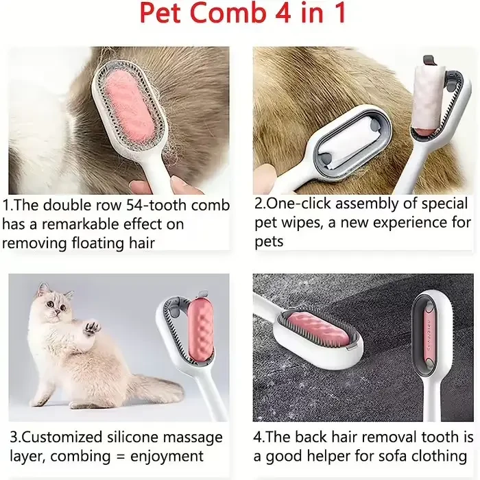 Щітка для вичісування шерсті хатніх тварин 4 в 1 Pet Cleaning Comb з масажем і чищенням речей Pink W28 – фото 6