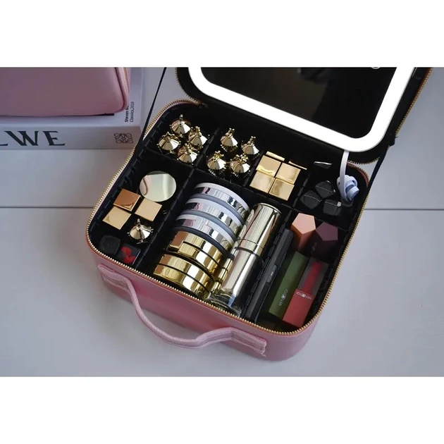 Косметичка-валізатор з LED дзеркалом шкіряна (рожева) – фото 1