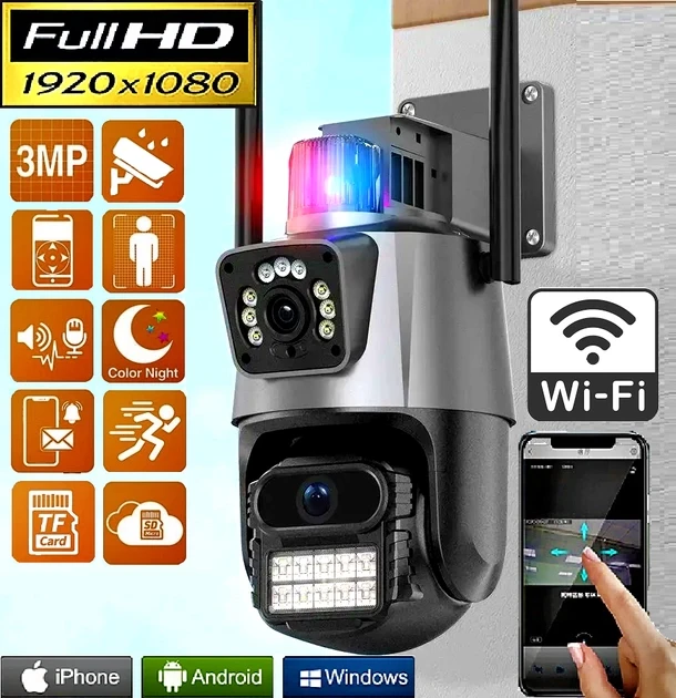 Зовнішня поворотна WiFi камера Dual Lens Zoom 8MP з двома об'єктивами на стіні будинку, що забезпечує круговий огляд.