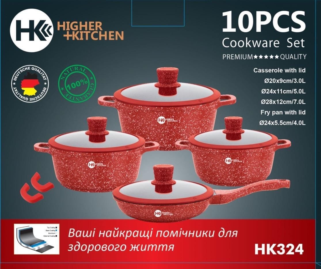 Набір каструль з антипригарним гранітним покриттям і сковорідкою Higher Kitche 10 предметів НК 324 Червоний – фото 1