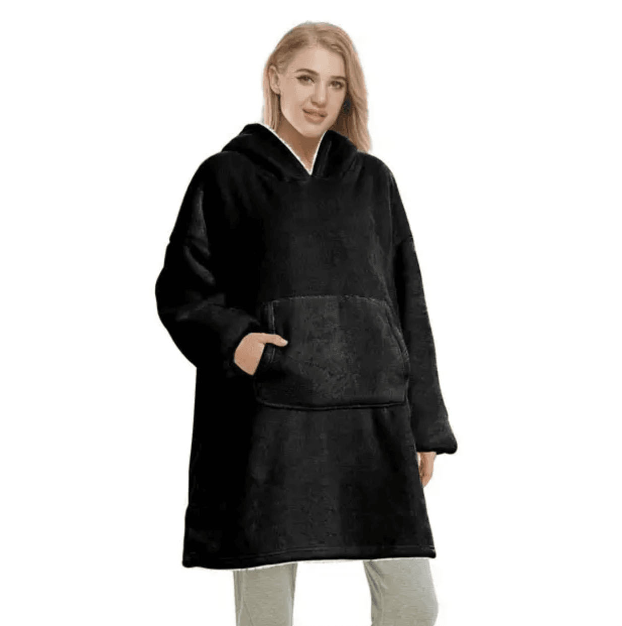 Толстовка плед із рукавами та капюшоном Huggle Hoodie оверсайз, тепле худі з великою кишенею для рук Чорний – фото 2