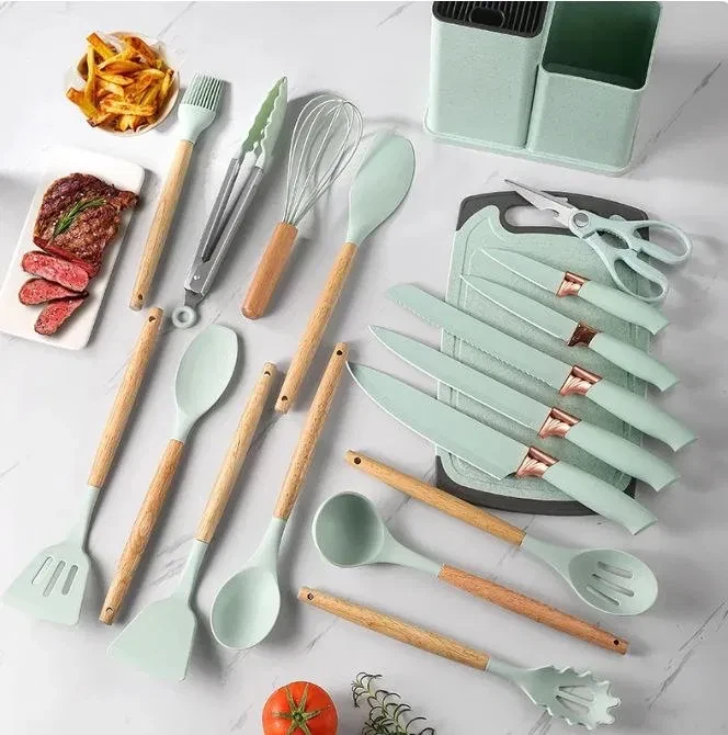 Набір кухонного приладдя + набір ножів Zepline ZP-107 19 предметів Бірюзовий – фото 1