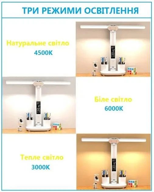 Світлодіодна настільна лампа з двома плафонами на акумуляторі з термометром, годинником, календарем – фото 8