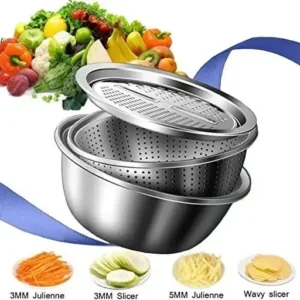 Багатофункціональний кухонний набір із неіржавкої сталі 3 в 1 Metal Basket Cutter Миска друшляк і тертка – фото 2