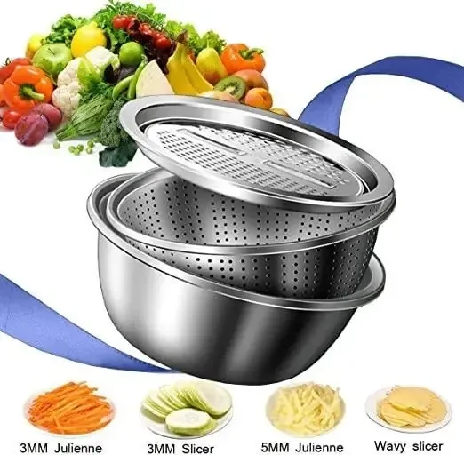 Багатофункціональний кухонний набір із неіржавкої сталі 3 в 1 Metal Basket Cutter Миска друшляк і тертка – фото 2