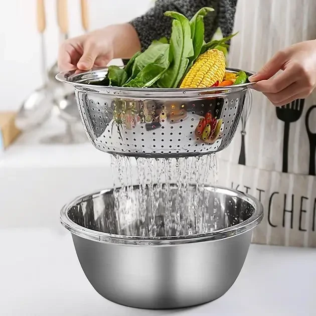Багатофункціональний кухонний набір із неіржавкої сталі 3 в 1 Metal Basket Cutter Миска друшляк і тертка – фото 5