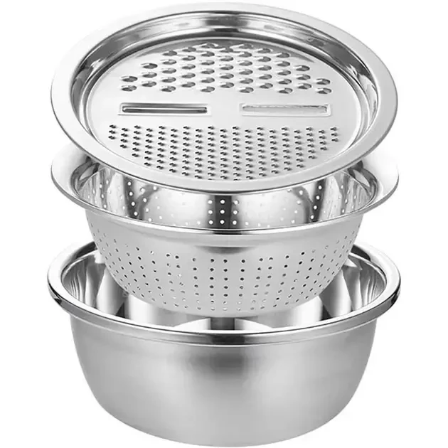 Багатофункціональний кухонний набір із неіржавкої сталі 3 в 1 Metal Basket Cutter Миска друшляк і тертка – фото 4