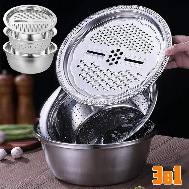 Багатофункціональний кухонний набір із неіржавкої сталі 3 в 1 Metal Basket Cutter Миска друшляк і тертка – фото 1