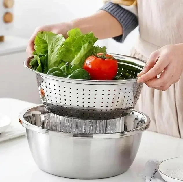 Багатофункціональний кухонний набір із неіржавкої сталі 3 в 1 Metal Basket Cutter Миска друшляк і тертка – фото 3