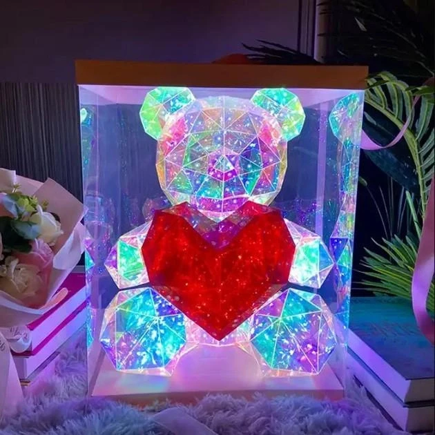 Хрустальний Ведмежатко Геометричний Ведмедик 3D LED Teddy Bear нічник з червоним серцем 25 см – фото 3
