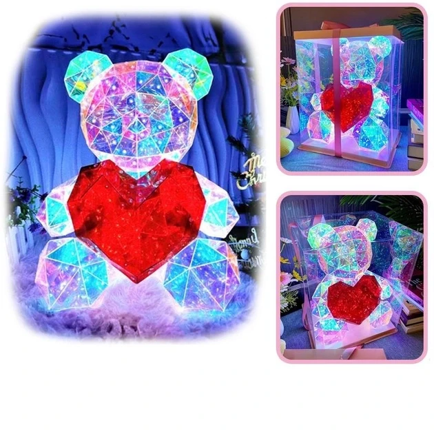 Хрустальний Ведмежатко Геометричний Ведмедик 3D LED Teddy Bear нічник з червоним серцем 25 см – фото 2