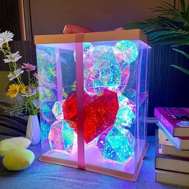 Хрустальний Ведмежатко Геометричний Ведмедик 3D LED Teddy Bear нічник з червоним серцем 25 см – фото 4