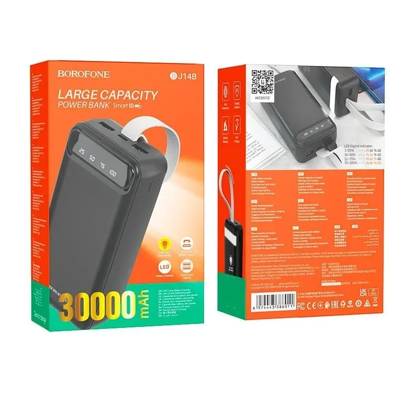 Повербанк BOROFONE J14B-30000 мА·год Power Bank з цифровим дисплеєм, ліхтариком, 2xUSB/type-c/micro usb NXS – фото 6