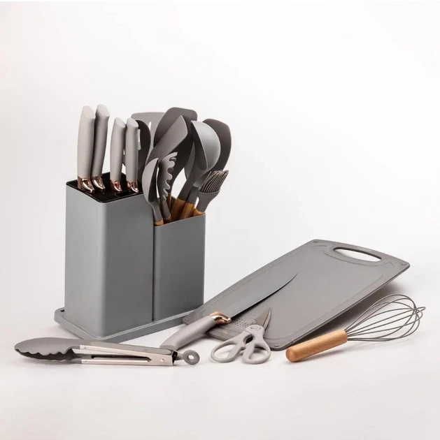 Набір кухонного приладдя Сірий на підставці TS Kitchen 19 штук із силікону з бамбуковою ручкою – фото 3