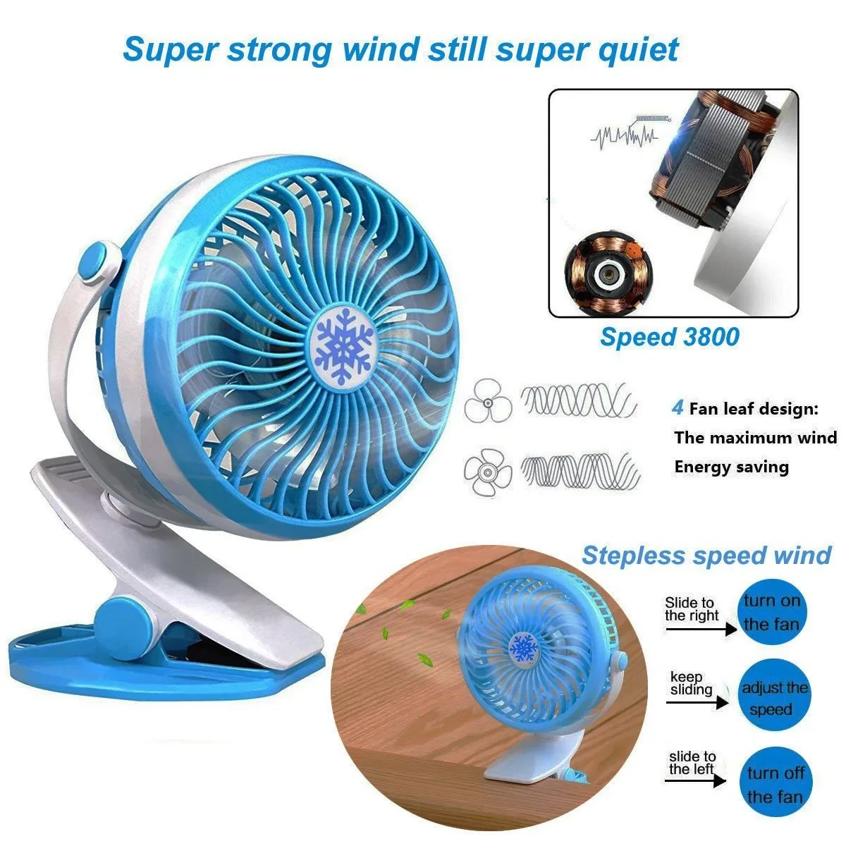 Портативний настільний мінівентилятор Moltis на прищіпці Mini Fan WX 6503 ABS-пластик Blue – фото 8