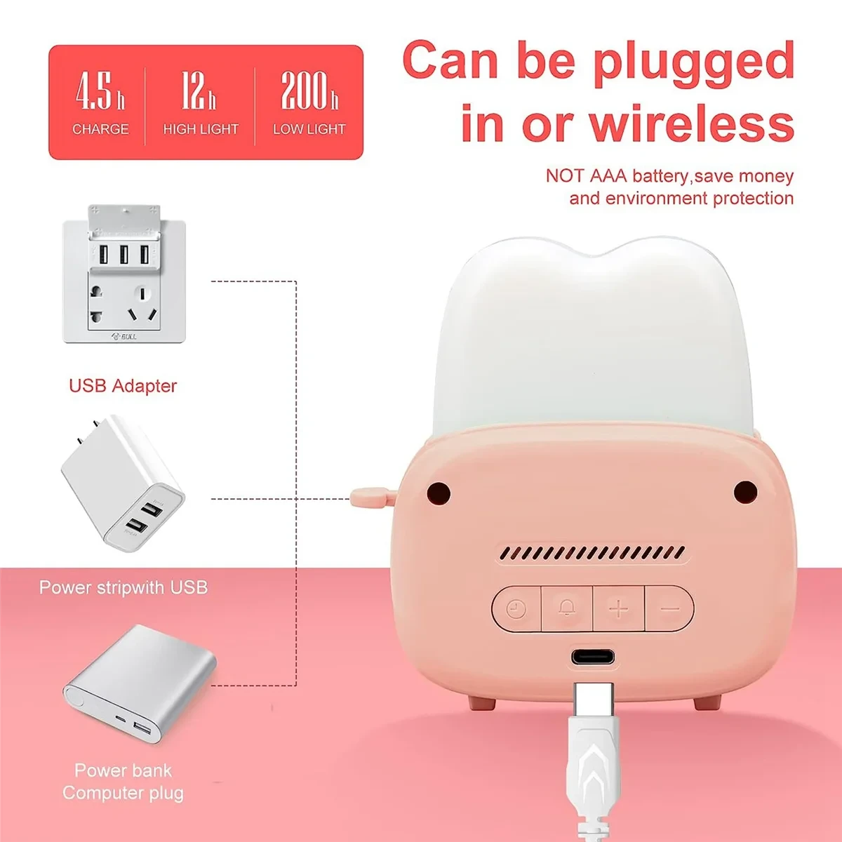 Настільний годинник із будильником РОЗОВИЙ, підсвіткою й USB, Тостер/Дитячий годинник з LED-підсвіткою – фото 3