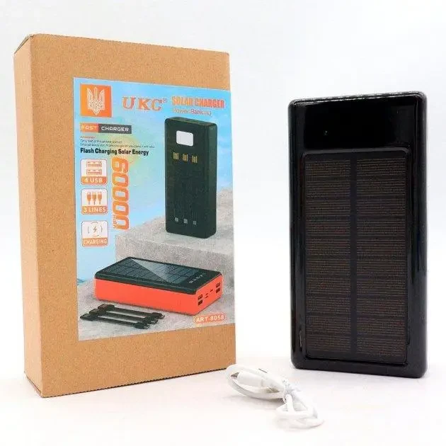 Потужний портативний Powerbank UKC 8058 Solar Charger 60 000MAh, із сонячною панеллю, кабелями та ліхтариком – фото 7