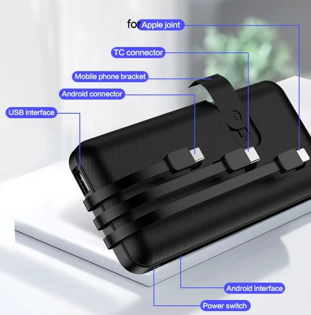Павербанк 5000 mAh вбудовані кабелі USB, micro USB, Type-C, Lightning з Підставкою для телефона, Портативна – фото 1