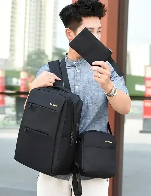 Універсальний комплект для щоденного використання Backpack Black 3 в 1 Рюкзак Сумка Клатч Сірий – фото 3