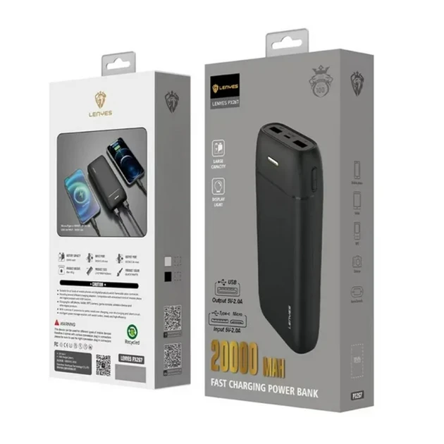 Портативна універсальна батарея LENYES PX267 Black 20000 mAh 2 A 5 W USB,Type-C, MicroUSB – фото 3