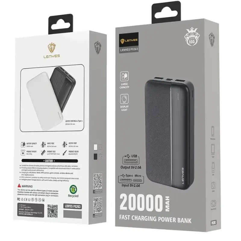 Зовнішній акумулятор Power bank 20000 mAh з USB, Lenyes PX263, Повербанк зі швидким заряджанням – фото 8