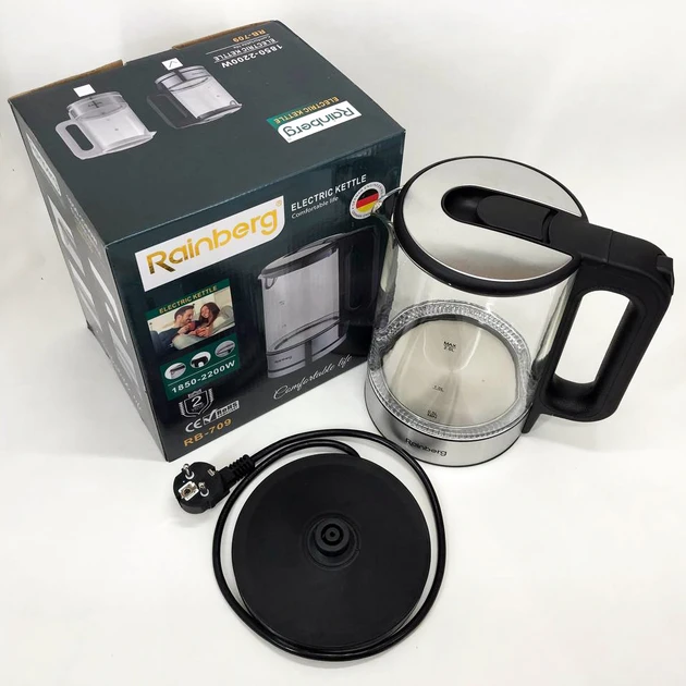 Дисковий електричний чайник Rainberg RB-709 скляний з підсвіткою – фото 1