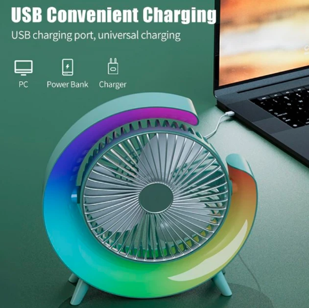 Вентилятор електричний USB 3-швидкісний із кольоровою підсвіткою 180° безшумний – фото 5
