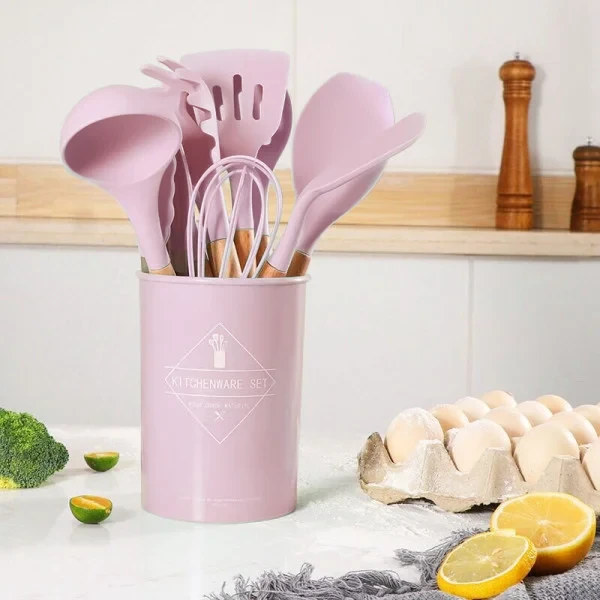 Набір кухонного приладдя силікон 12 предметів Kitchen Set, Кухонний набір у склянці RD-1204 Рожевий – фото 1