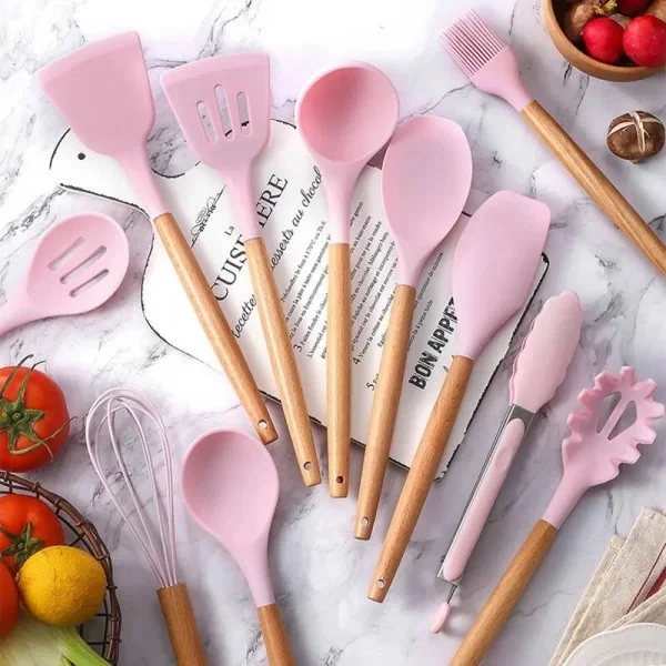 Набір кухонного приладдя силікон 12 предметів Kitchen Set, Кухонний набір у склянці RD-1204 Рожевий – фото 3