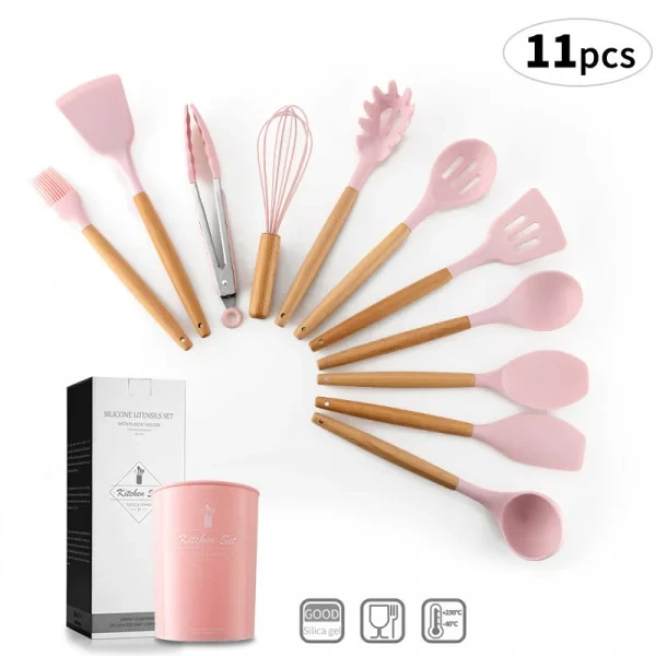 Набір кухонного приладдя силікон 12 предметів Kitchen Set, Кухонний набір у склянці RD-1204 Рожевий – фото 2