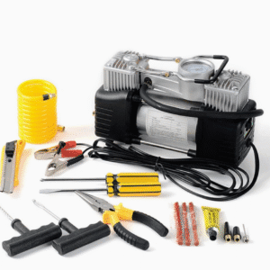 Компресор повітряний 12 V, 90 л/хв портативний із комплектом для ремонту шин та інструментами