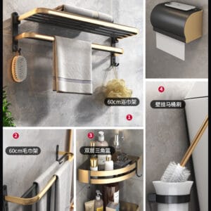 Набір для ванної кімнати: полиця, вішалки, йоржик, тримач паперу 6 в 1 Чорний