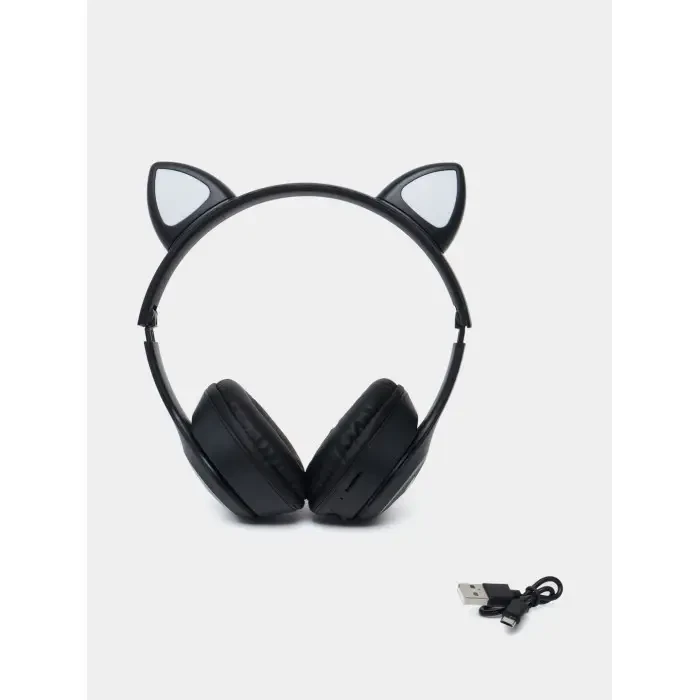 Бездротові навушники з котячими вушками та RGB-підсвіткою FM-радіо, micro SD Cat MZ-023 Чорні – фото 2
