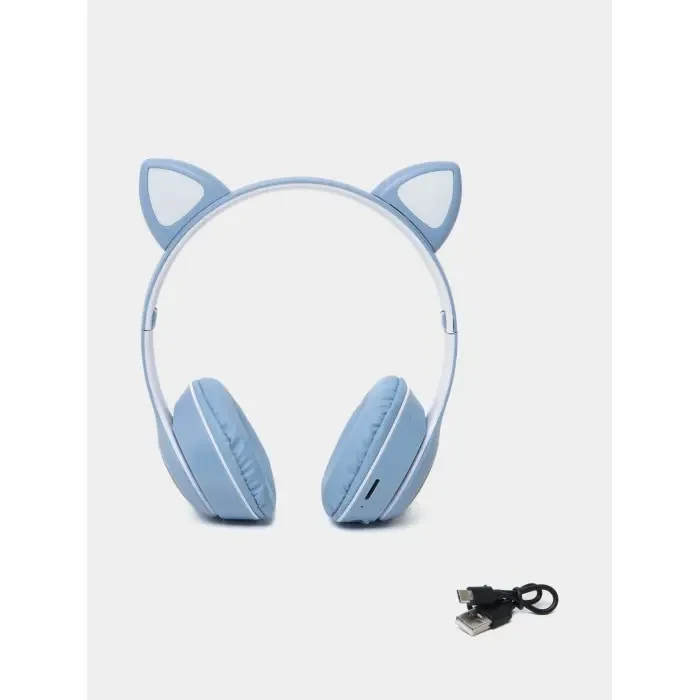 Навушники з котячими вушками бездротові та RGB-підсвіткою FM радіо, micro SD Cat MZ-023 Сині – фото 3