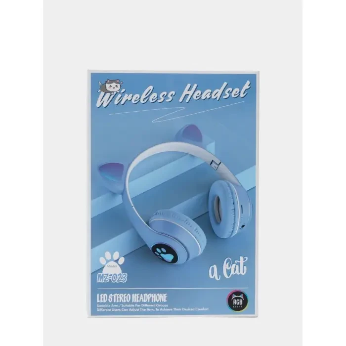 Навушники з котячими вушками бездротові та RGB-підсвіткою FM радіо, micro SD Cat MZ-023 Сині – фото 5