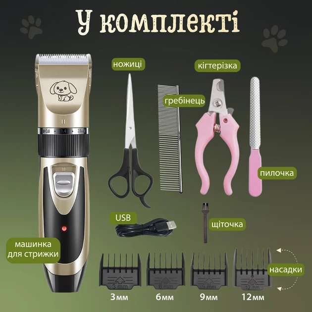 Машинка для стриження тварин бездротова з набором аксесуарів Pet grooming hair clipper kit – фото 1