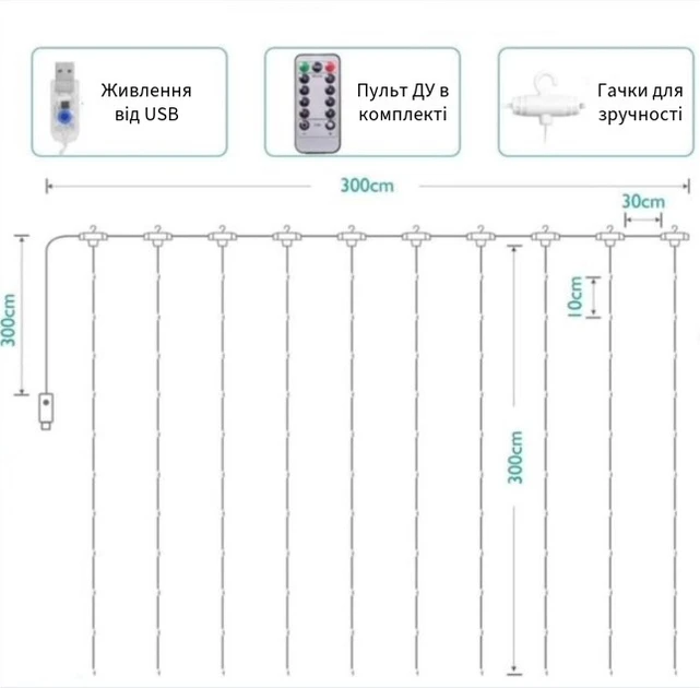 Гірлянда Штора З Пультом 3х3 Метра LED USB Новорічна 8 режимів Настроювана Яскравість – фото 6