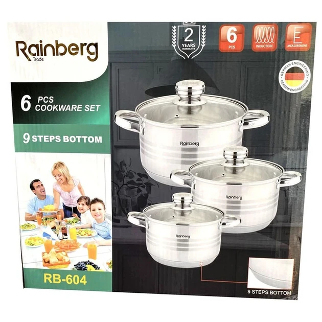 Набір каструль Rainberg RB-604 6 предметів, набір кухонного неіржавкого посуду з кришками – фото 3