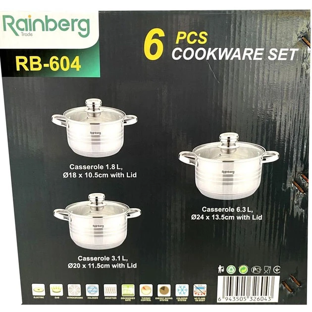 Набір каструль Rainberg RB-604 6 предметів, набір кухонного неіржавкого посуду з кришками – фото 2
