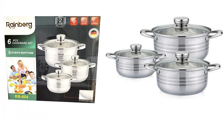 Набір каструль Rainberg RB-604 6 предметів, набір кухонного неіржавкого посуду з кришками – фото 4