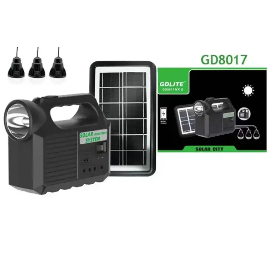 Портативна сонячна станція 5000 мА·год GDLITE GD8017 MK II + 3 лампочки/Акумуляторний аварійний ліхтар – фото 1