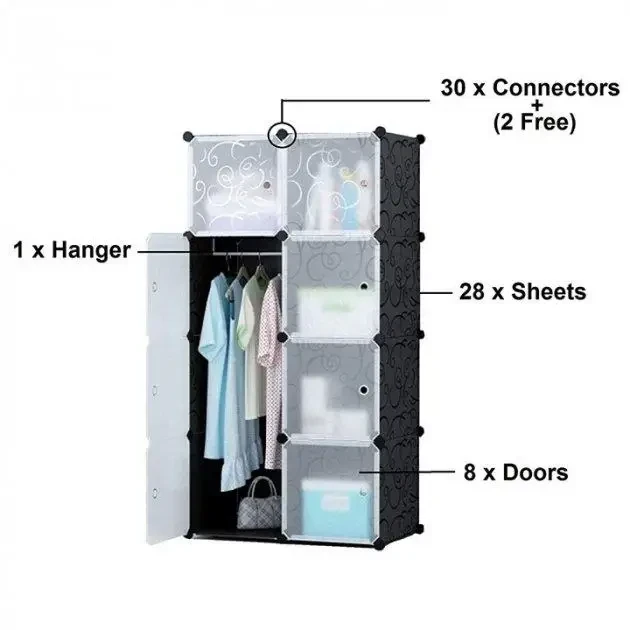 Пластикова складана шафа Storage Cube Cabinet 75х37х145 см Чорний збірний органайзер для одягу – фото 3