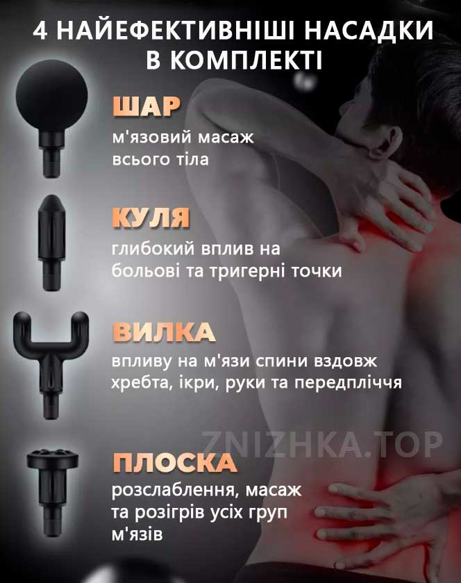 Призаначення насадок для Масажер пістолет Fascial Gun KH-740 Чорний з насадками м’язовий портативний ручний для спини та тіла