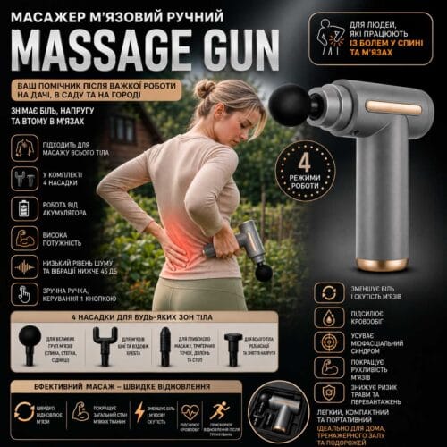 Масажер м’язовий ручний Massage Gun Акумуляторний перкусійний Масажний 4 насадки для рук ніг шиї